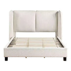 Letto Queen con piattaforma imbottita Bouclé, testiera Wingback, 227 kg, struttura in legno, senza box spring