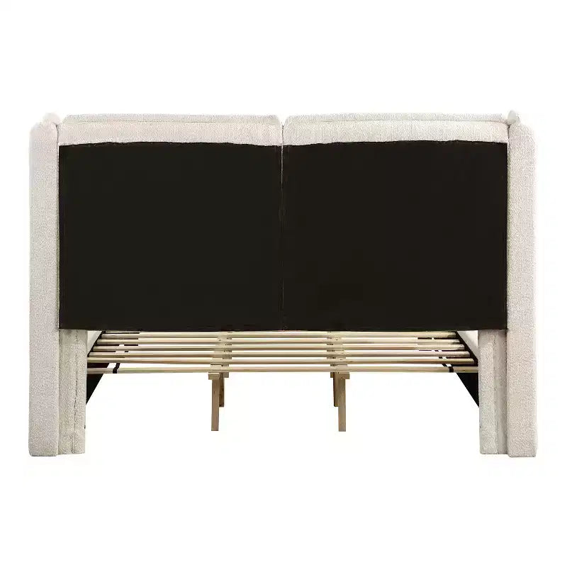 Letto Queen con piattaforma imbottita Bouclé, testiera Wingback, 227 kg, struttura in legno, senza box spring