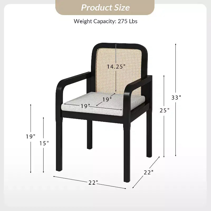 Sedia da pranzo moderna in rattan con cuscino rimovibile, struttura in legno di gomma, set da 2