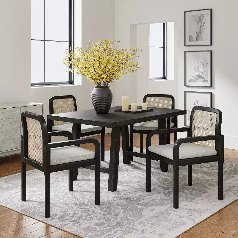 Sedia da pranzo moderna in rattan con cuscino rimovibile, struttura in legno di gomma, set da 2