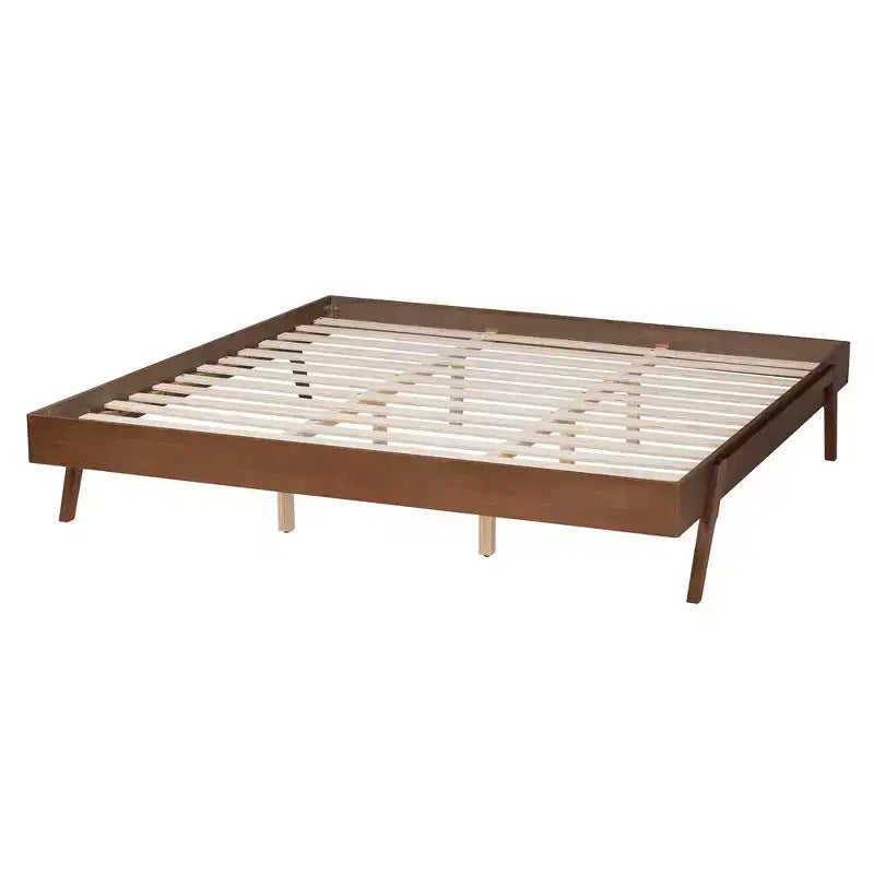 Struttura letto in legno Mid-Century Modern, Noce Rubberwood, doghe in legno, nessun box spring necessario