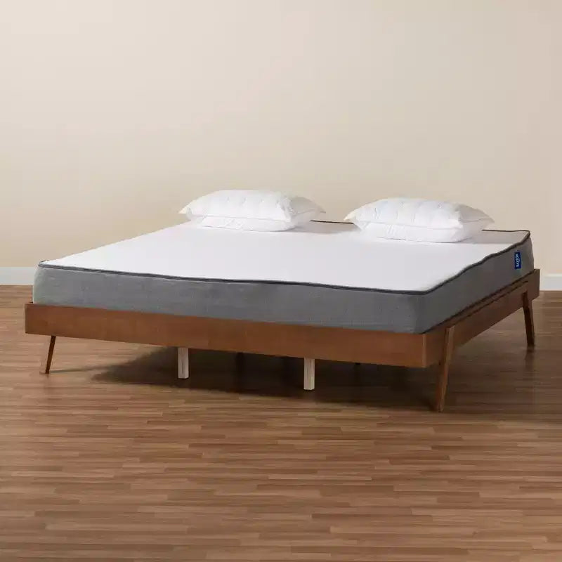 Struttura letto in legno Mid-Century Modern, Noce Rubberwood, doghe in legno, nessun box spring necessario