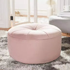 Pouf rotondo in velluto trapuntato, rosa cipria, struttura in legno, imbottitura in schiuma, 125 kg, 50 cm di diametro