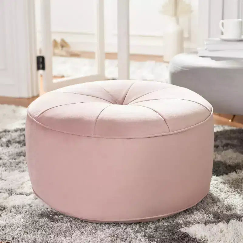 Pouf rotondo in velluto trapuntato, rosa cipria, struttura in legno, imbottitura in schiuma, 125 kg, 50 cm di diametro