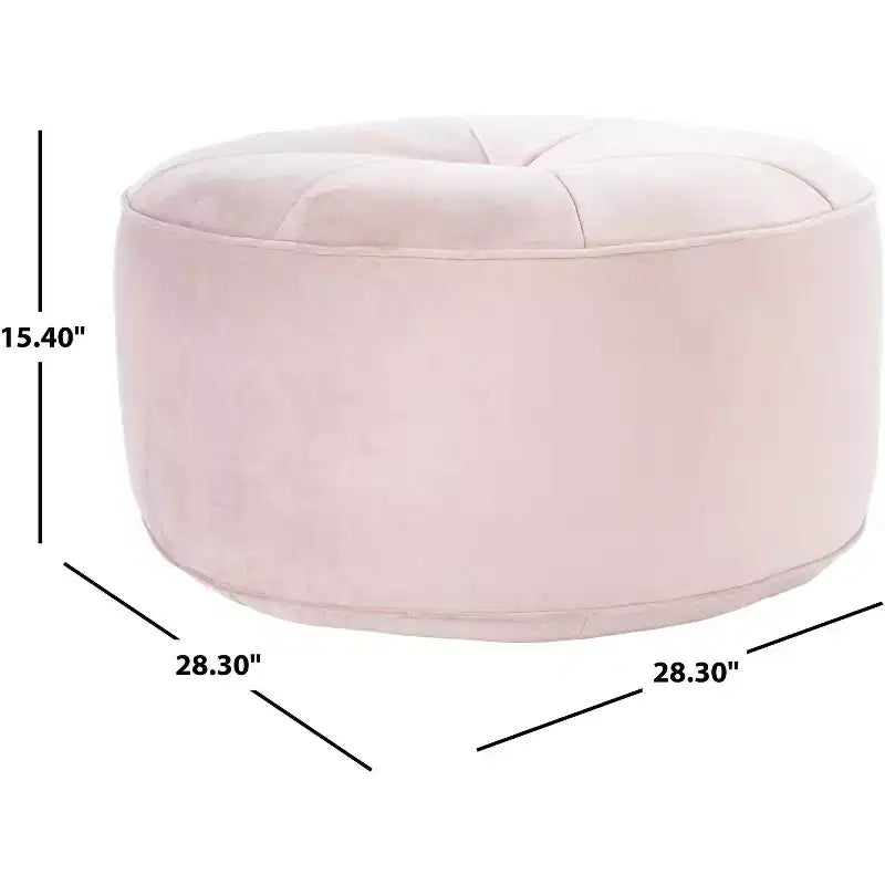 Pouf rotondo in velluto trapuntato, rosa cipria, struttura in legno, imbottitura in schiuma, 125 kg, 50 cm di diametro