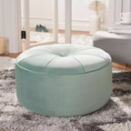 Pouf rotondo in velluto trapuntato, rosa cipria, struttura in legno, imbottitura in schiuma, 125 kg, 50 cm di diametro