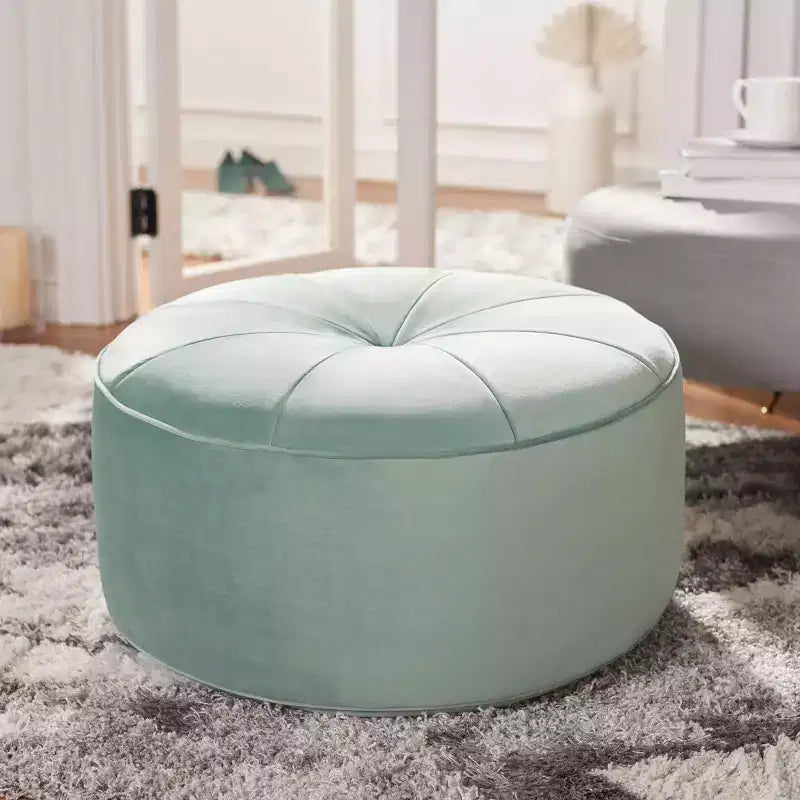 Pouf rotondo in velluto trapuntato, rosa cipria, struttura in legno, imbottitura in schiuma, 125 kg, 50 cm di diametro