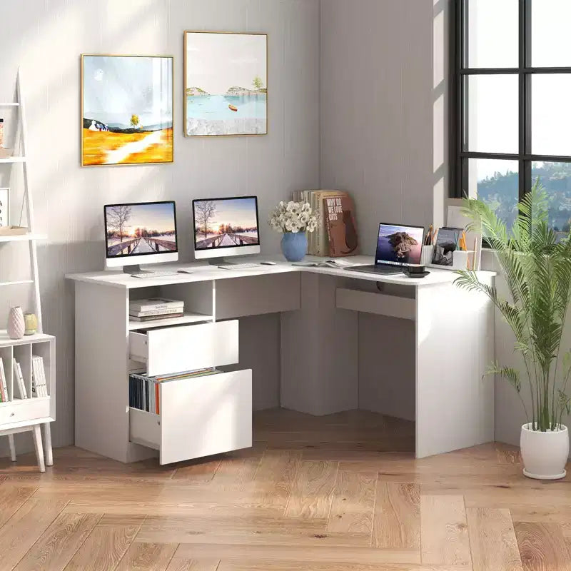 Scrivania angolare a L per computer 150 cm, 2 cassetti, vano a giorno e gestione cavi, Noce/Bianco
