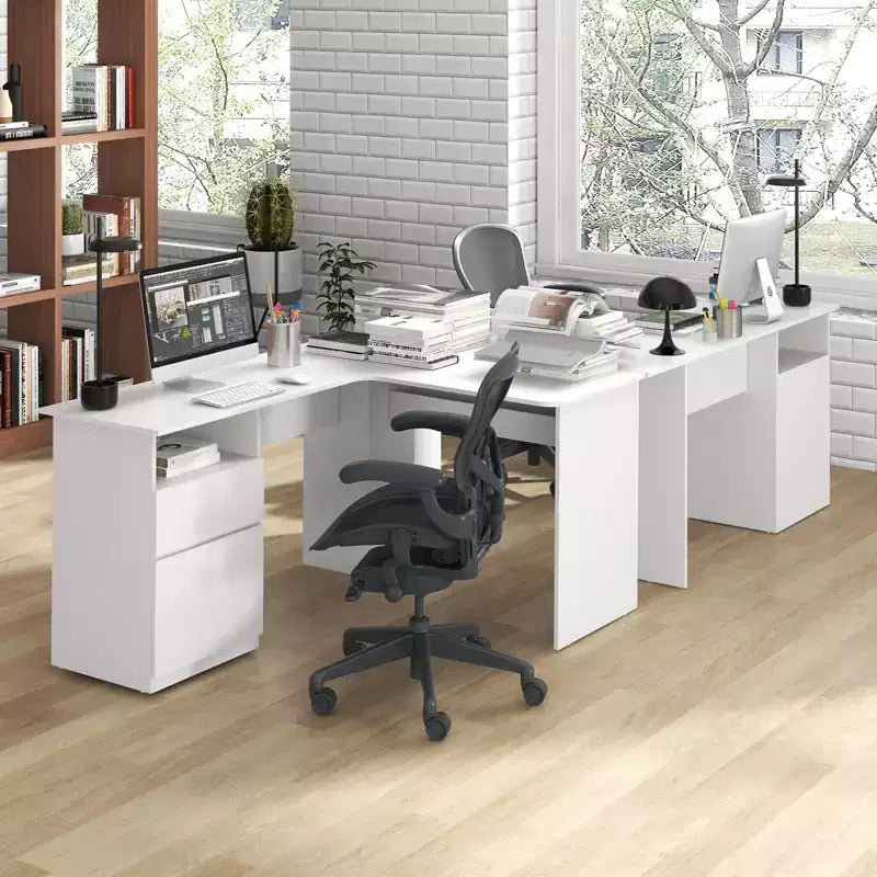 Scrivania angolare a L per computer 150 cm, 2 cassetti, vano a giorno e gestione cavi, Noce/Bianco
