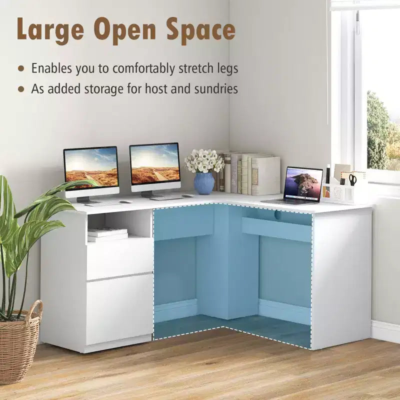 Scrivania angolare a L per computer 150 cm, 2 cassetti, vano a giorno e gestione cavi, Noce/Bianco