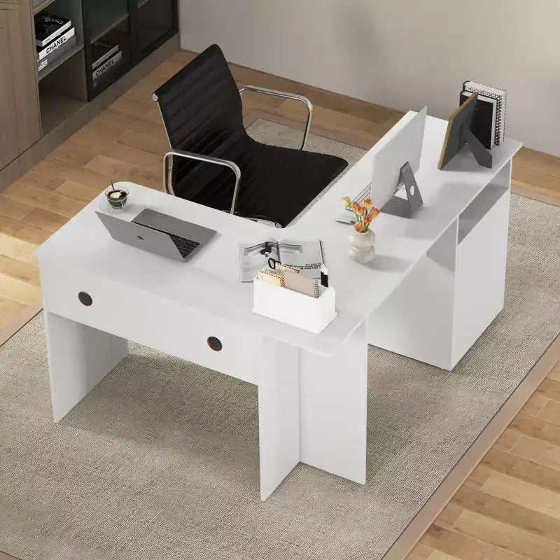 Scrivania angolare a L per computer 150 cm, 2 cassetti, vano a giorno e gestione cavi, Noce/Bianco