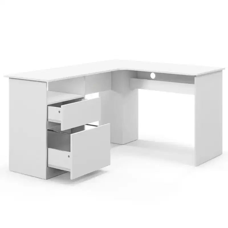 Scrivania angolare a L per computer 150 cm, 2 cassetti, vano a giorno e gestione cavi, Noce/Bianco