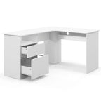 Scrivania angolare a L per computer 150 cm, 2 cassetti, vano a giorno e gestione cavi, Noce/Bianco