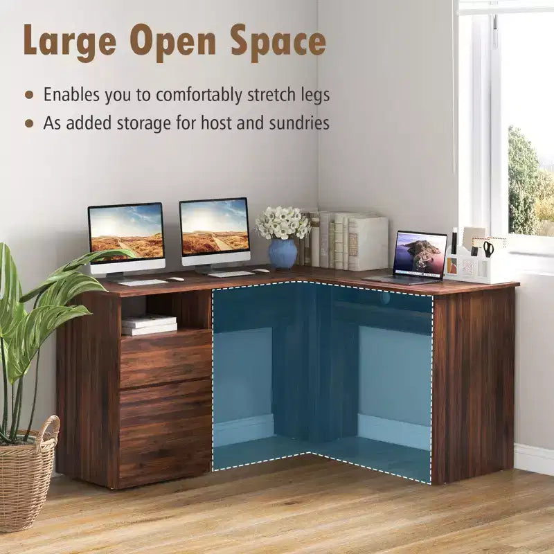 Scrivania angolare a L per computer 150 cm, 2 cassetti, vano a giorno e gestione cavi, Noce/Bianco