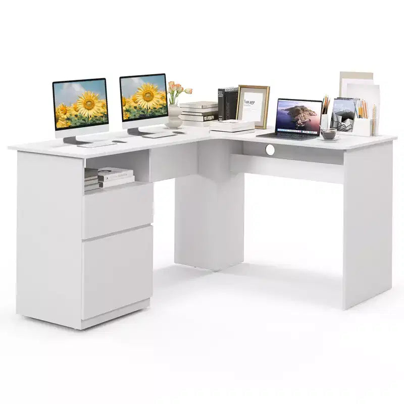 Scrivania angolare a L per computer 150 cm, 2 cassetti, vano a giorno e gestione cavi, Noce/Bianco