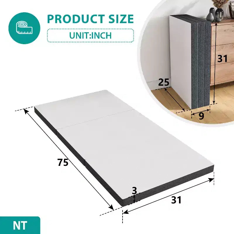 Materasso pieghevole da 3 pollici FDW, Topper per materasso a tre pieghe in memory foam, Topper pieghevole con fodera lavabile per campeggio