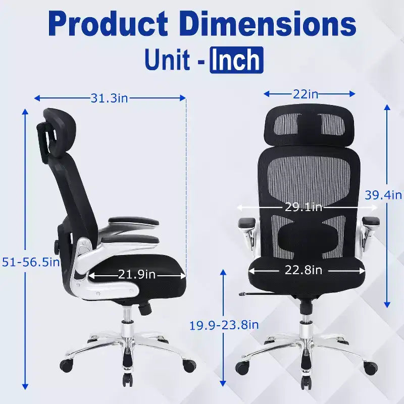 Sedia da ufficio ergonomica a schienale alto Big & Tall in rete, 227 kg, braccioli ribaltabili, poggiatesta e supporto lombare regolabili, nera