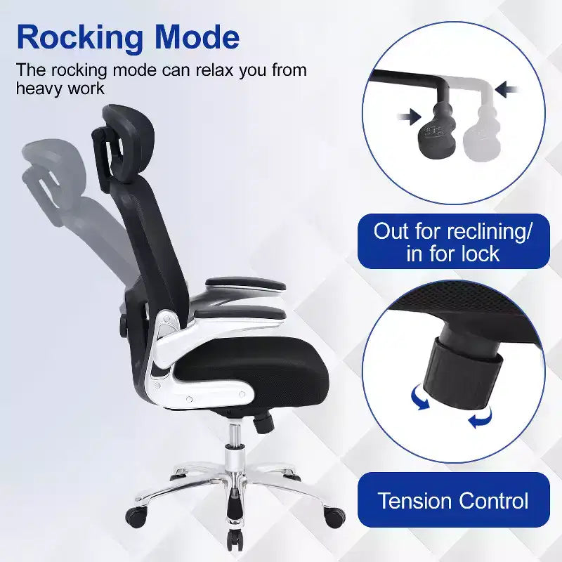 Sedia da ufficio ergonomica a schienale alto Big & Tall in rete, 227 kg, braccioli ribaltabili, poggiatesta e supporto lombare regolabili, nera