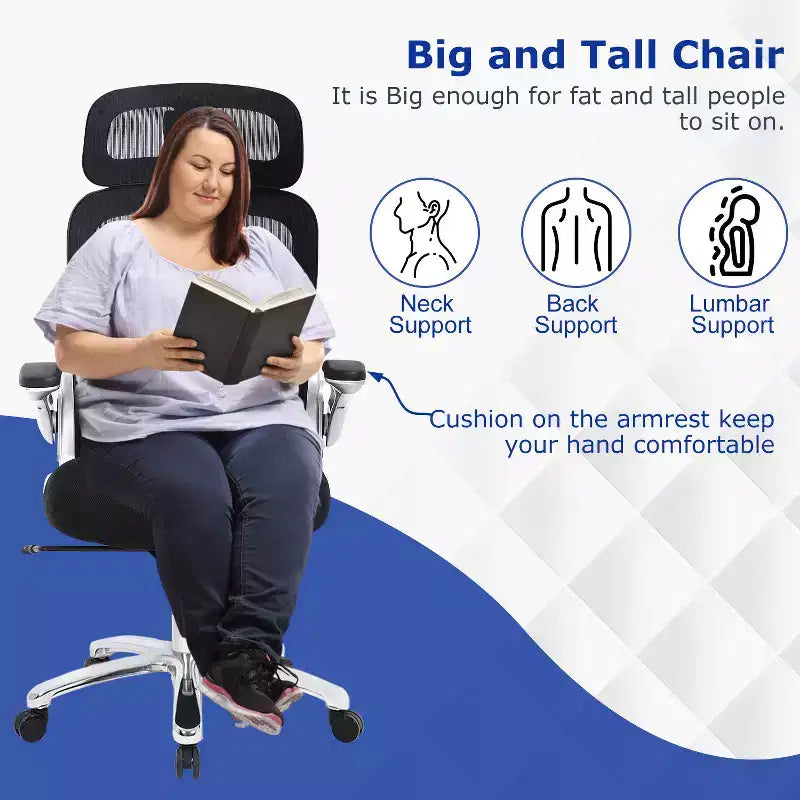 Sedia da ufficio ergonomica a schienale alto Big & Tall in rete, 227 kg, braccioli ribaltabili, poggiatesta e supporto lombare regolabili, nera